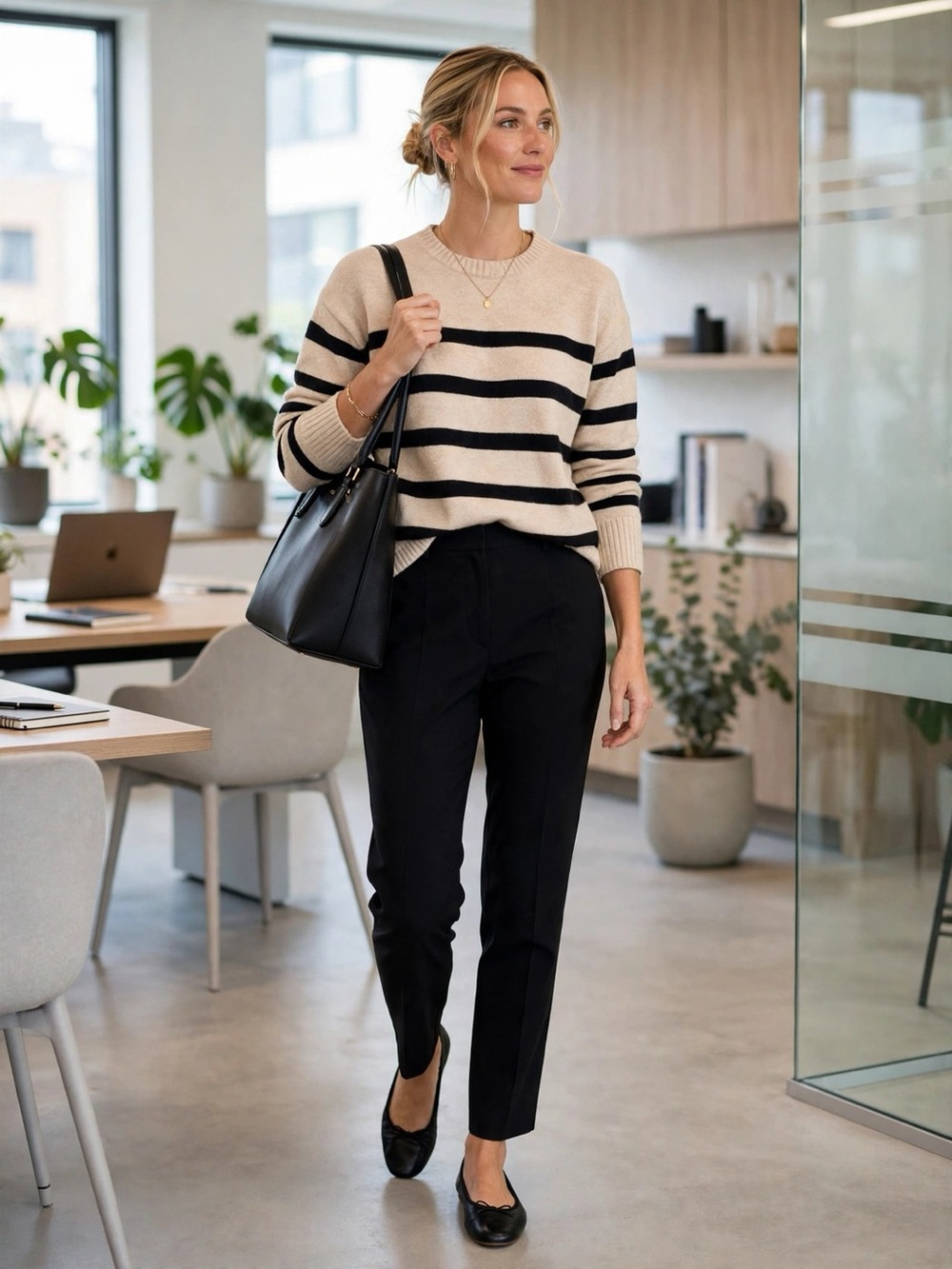 Unbranded Beige & Black Striped Crewneck Sweater | Size M
